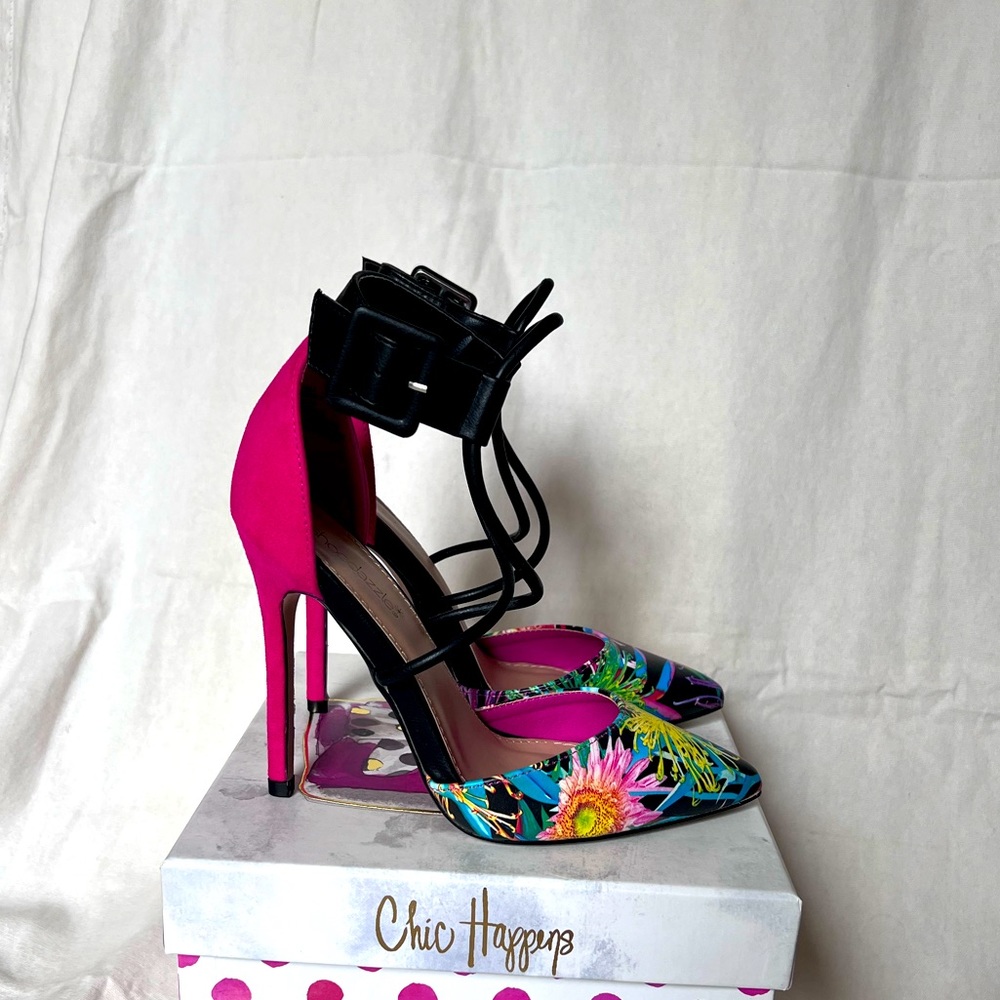 Donatella hot pink tropical print ankle strap stiletto sz 7.5  heel